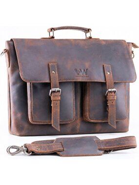 Full Grain Leather Messenger Bag - Fits Up to 16" Laptop, Stylish Briefcase for